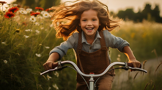 女孩在草地上骑着自行车背景图片