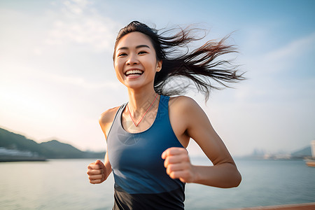 湖边跑步的女人背景图片