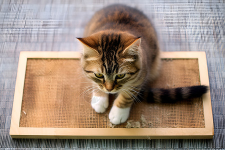 猫咪在猫抓板上玩耍高清图片
