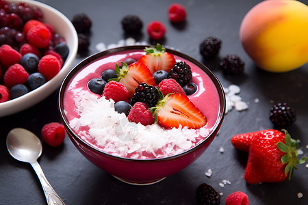丰盈果香粉色盛放的水果碗背景图片