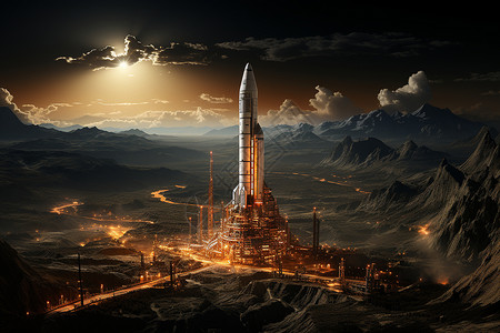 夜幕中未来都市上的火箭背景图片