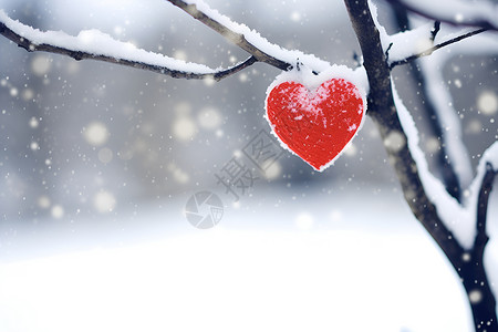 心形树木白雪纷飞中的心形挂饰背景