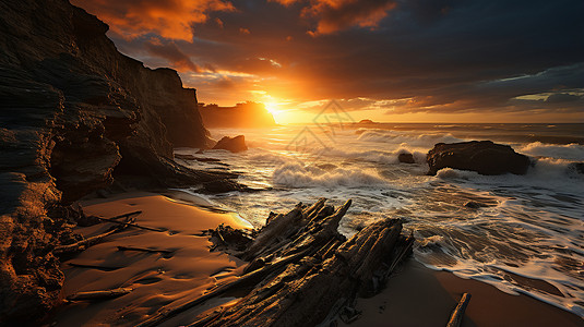 夕阳下的浪花背景图片