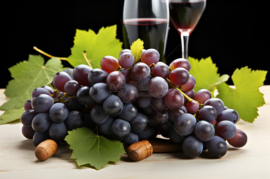 绿叶间的葡萄和美酒图片