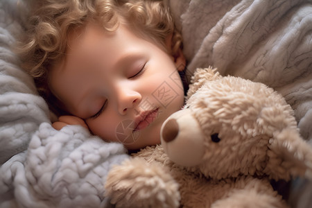 孩子抱着玩具熊睡觉背景图片