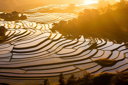 稻田中的夕阳美景背景图片