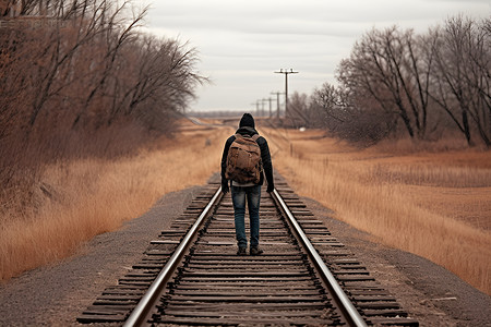 走在铁轨上的背包旅行者背景图片