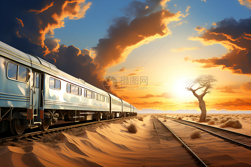 列车穿越云朵下的沙漠图片