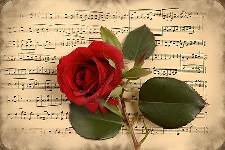 桌面上的乐谱和玫瑰花背景图片