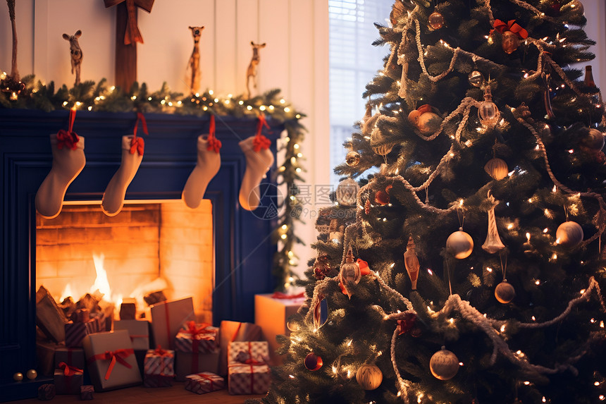 壁炉旁边的圣诞树图片