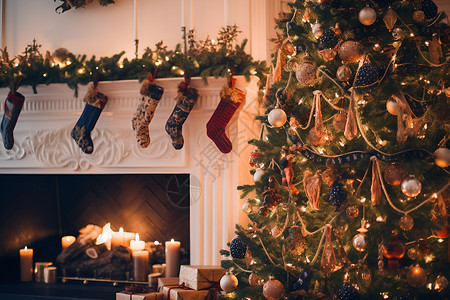 室内的壁炉和圣诞树高清图片