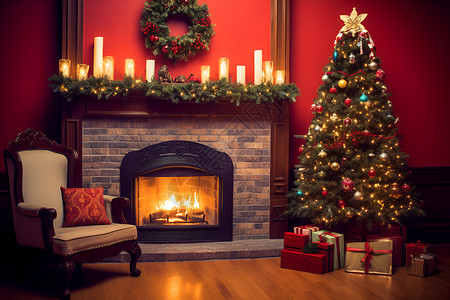 房间内的圣诞树和礼物背景图片