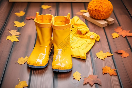 雨衣雨鞋线稿木板上的雨衣雨鞋背景