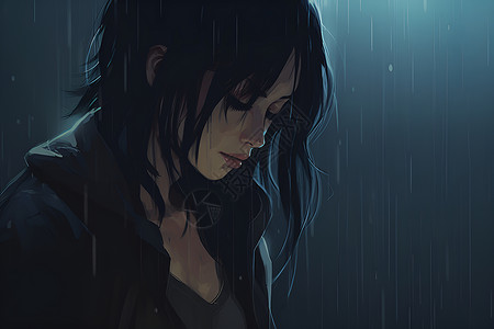 情绪失落下雨中低头的女性插画