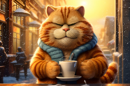 冬季咖啡拿着咖啡杯的猫咪插画