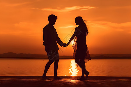 浪漫海边情侣夕阳下幸福的情侣背景