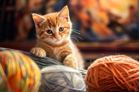 玩毛线团猫咪玩线球的宠物小猫背景