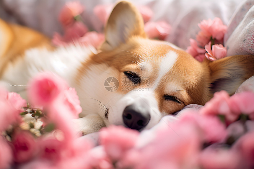 床上睡觉的动物小狗图片