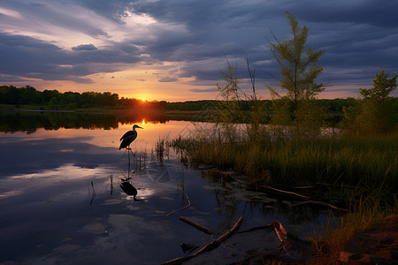 湖畔日出的鸟影高清图片