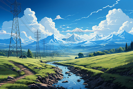 电塔和山脉背景图片