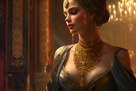 古典珠宝古典美女华丽的服饰插画