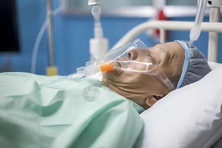 氧气管男人躺在医院病床上背景