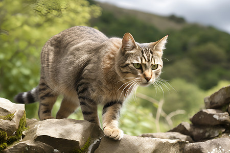 户外的猫乡村石头上的猫背景