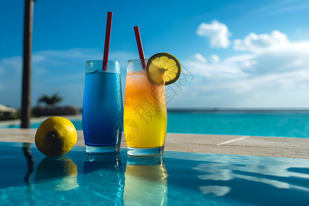 两杯饮料放在游泳池边背景图片