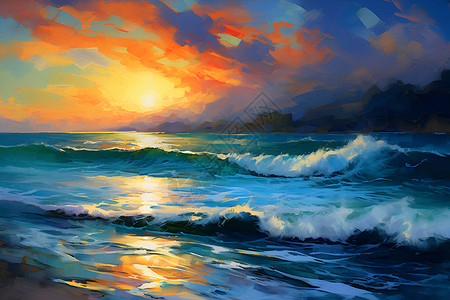 夕阳余晖映照下的海滩美景背景图片