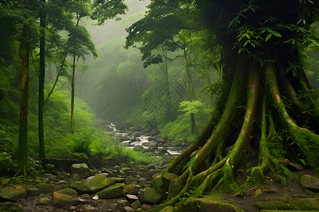 潮湿的树木翠绿森林中的小溪背景