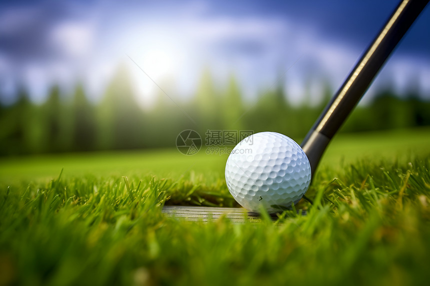 高尔夫球与球杆在绿色球场上图片