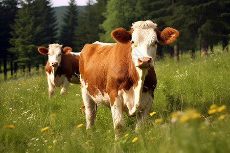 牧场上的两头牛背景图片