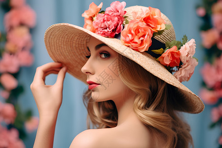 华丽的时尚花卉带着花帽子的女人背景