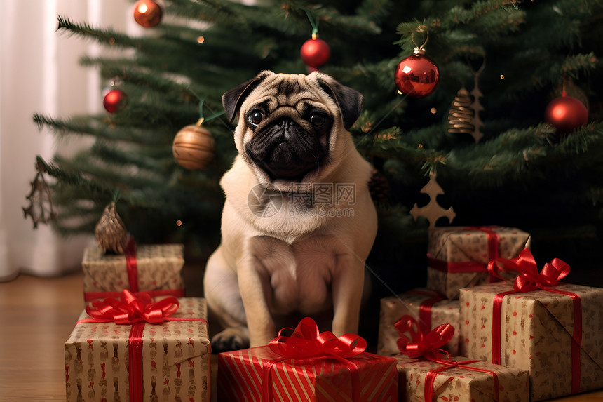 圣诞礼物中的狗狗图片