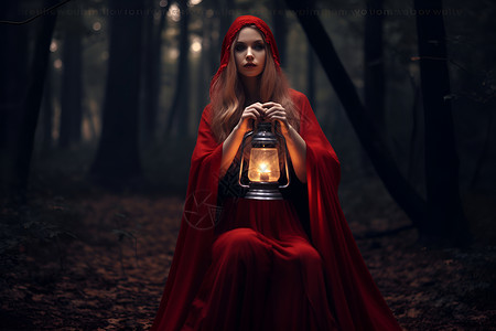 万圣节森林夜幕下的红衣女背景