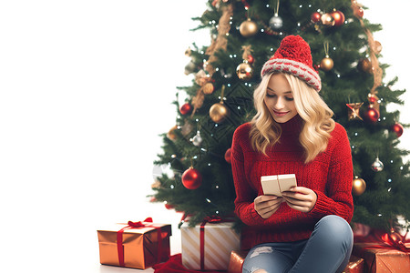 圣诞树旁的女孩背景图片
