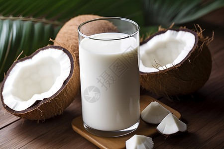 椰子树叶边框自然美味的椰汁背景