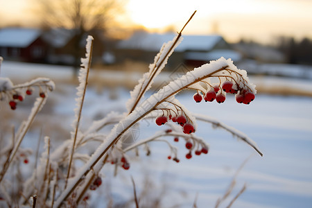 稻城红草地冬日红浆果上挂满雪背景