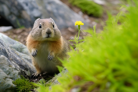 小型动物小型啮齿动物站在草坪和岩石上背景