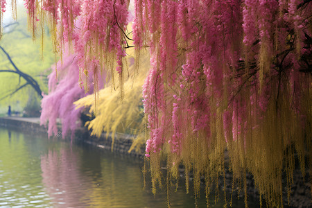 河塘边紫花盛开高清图片