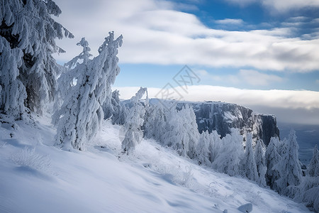 雪山上的树雪地杉木树高清图片