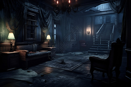 昏暗房间幽暗的豪宅里的诡异场景设计图片