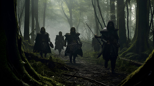 八路军战士穿越阴森可怖的森林背景