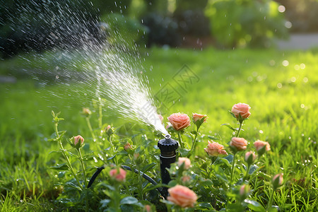 草坪灌溉花园中的洒水器背景