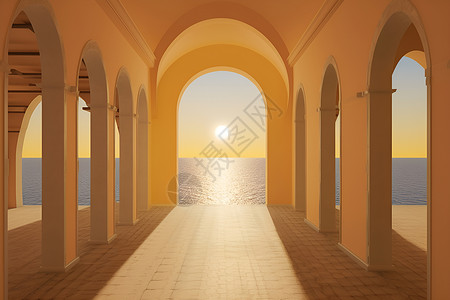 夕阳下的海景日落海景走廊设计图片