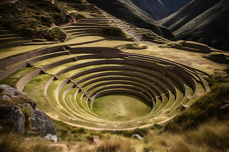 绿山丘上的大型石构建筑背景