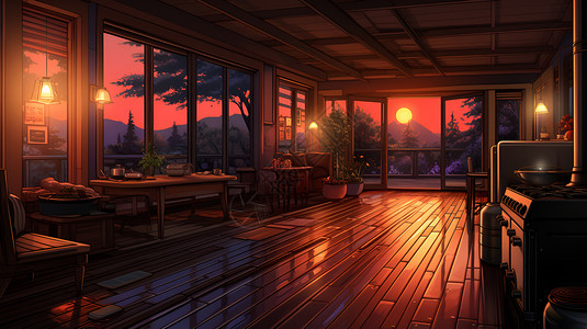 夕阳照射的客厅背景图片