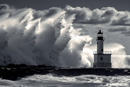 海浪黑白激浪中的灯塔背景