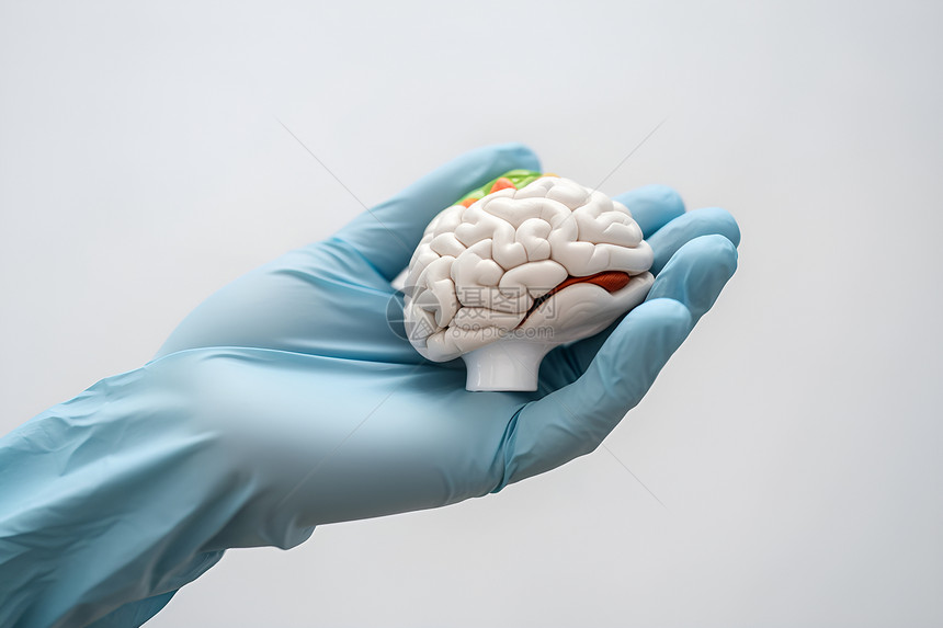 蓝手套握着脑模型图片