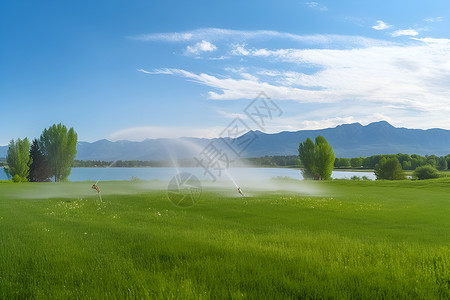 草坪浇水草坪旁的湖水背景